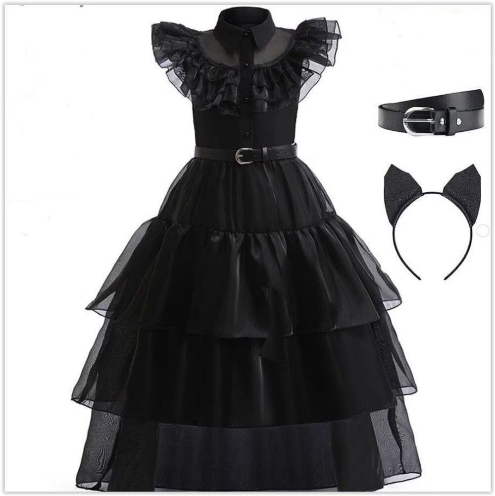 Toddler 3-4T Black Tulle Dress, Belt, Cat Ears Headband and Arm Sleeves Costume